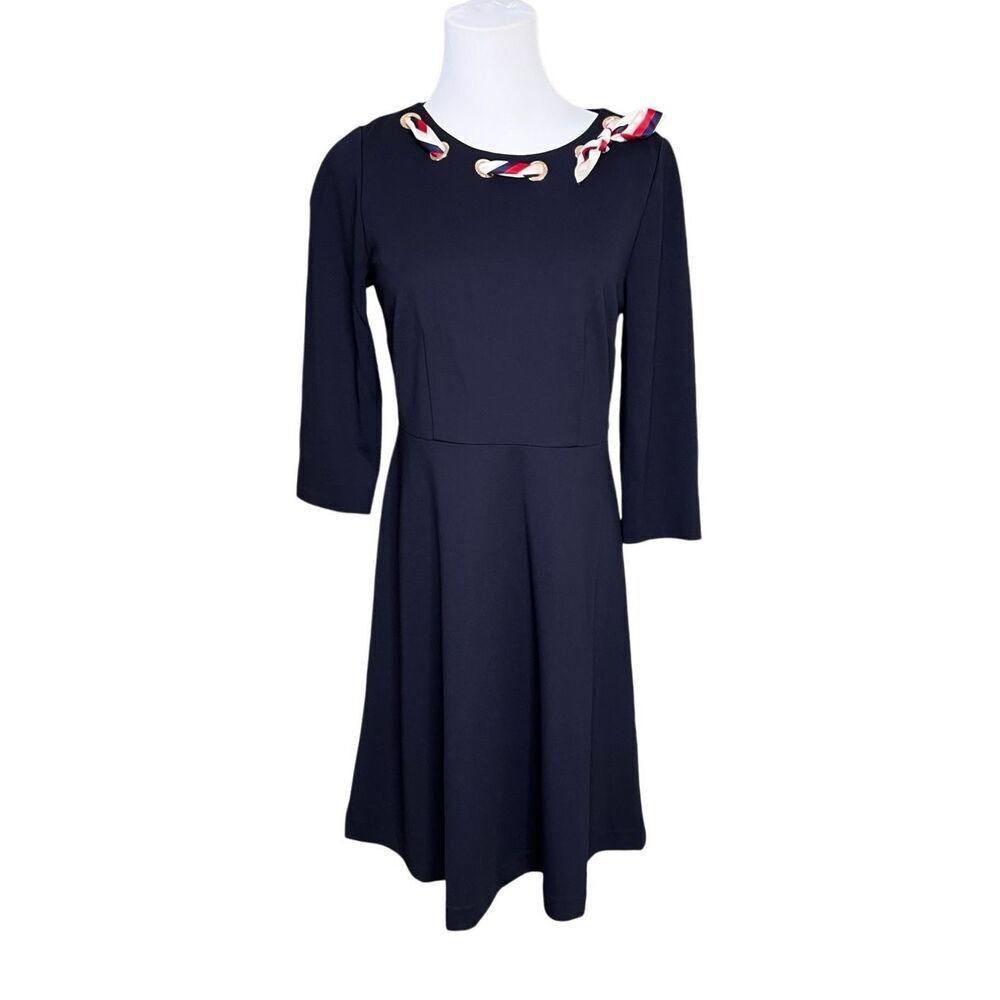 Talbots Petite Retro 50s Scarf Dress 3/4 Sleeve Navy Blue Ponte Fit &‎ Flare 4P